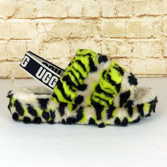 UGG Fluff Yeah Animalia Slippers Women 8 Neon Green Black Leopard Sandals Grunge - Picture 1 of 15